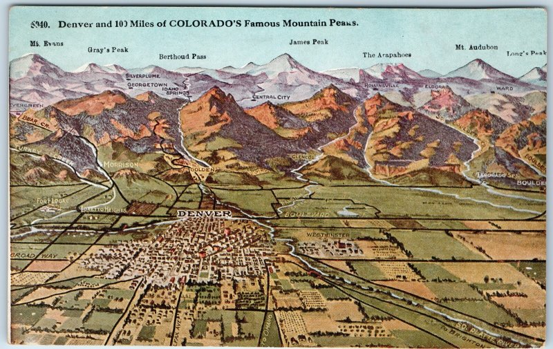 c1910s Denver, CO Famous Mountain Peaks Postcard Colorado Range Panorama A84