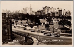 Hyde Park Sydney NSW Tram Cars RPPC Vintage Postcard Australia RPPC H83