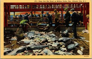 Vtg Atlantic City NJ Deep Sea Fishing Net Haul Million Dollar Pier 1940 Postcard