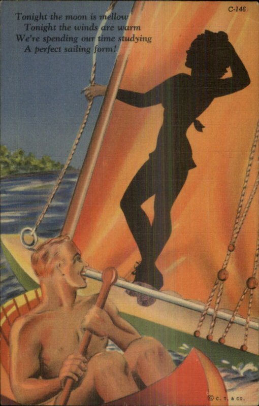Curt Teich Risque Shadow Silhouette Comic Bathing Beauty Sailing Linen C-146