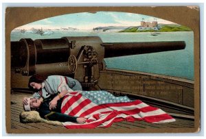 c1910's Wounded US Navy Soldier Flag Cannon Sea View Unposted Antique Postcard 