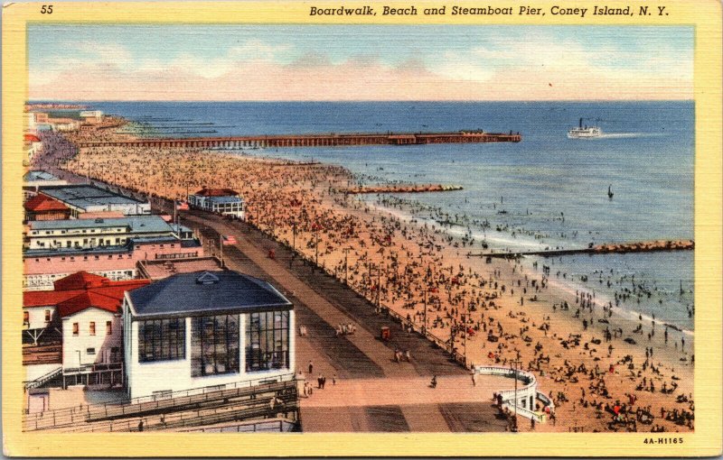 Vtg 1930s Boardwalk Beach Steamboat Pier Coney Island New York NY Linen Postcard