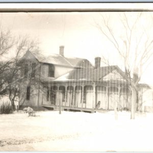 c1910s House in Winter RPPC Cute Dog on Porch Woodwork Real Photo PC Farm A133