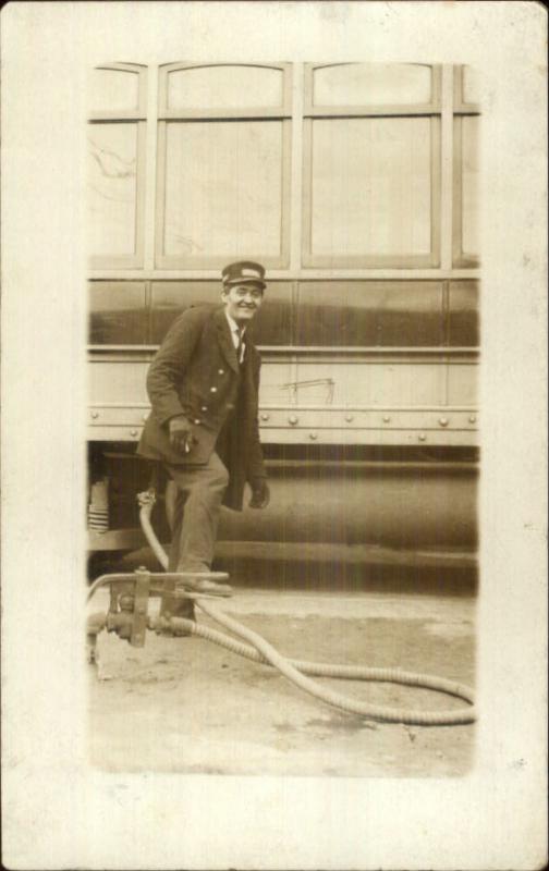 RR Train Car Pump & Hose Rail Worker Labor c1910 Real Photo Postcard