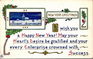 New Year Postcard Greetings Snowy Home Scene Poem Holly~3527