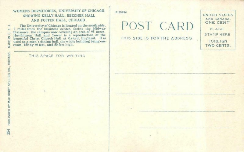 IL, Illinois UNIVERSITY OF CHICAGO  Kelly~Beecher~Foster Halls  c1910's Postcard