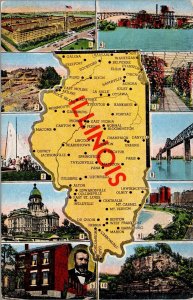 Vtg Illinois IL State Map Town Scenic Views Landmarks Historic 1940s Postcard