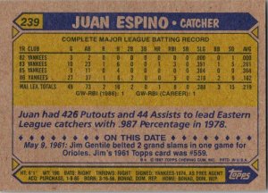 1987 Topps Baseball Card Juan Espino New York Yankees sk2334
