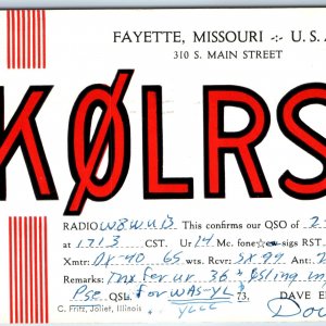 1959 Fayette, MO Dave Ellerman Amateur Ham CB Radio SX99 QSL Postcard K0LRS A209
