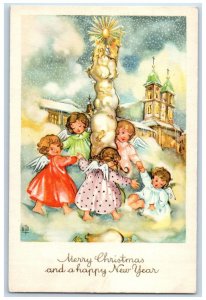 Merry Christmas And Happy New Year Angles Playing Winter Church House Postcard