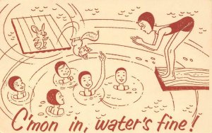 Water's fine! Swimming Diving Board Girl Scout Comic c1940s Vintage Postcard