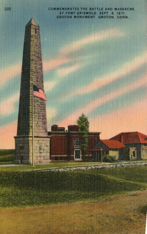 Vintage Postcard 1930s Commemorates Battle & Massacre at Fort Griswold Groton