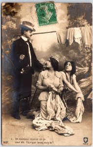 VINTAGE POSTCARD ROMANTIC FANTASY THREESOME STAGED REAL PHOTO FRANCE 1909