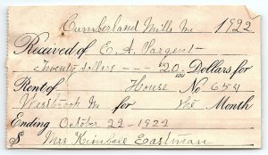 1922 CUMBERLAND MILLS INC WESTBROOK MAINE RENT RECIPT BILLHEAD INVOICE Z1084