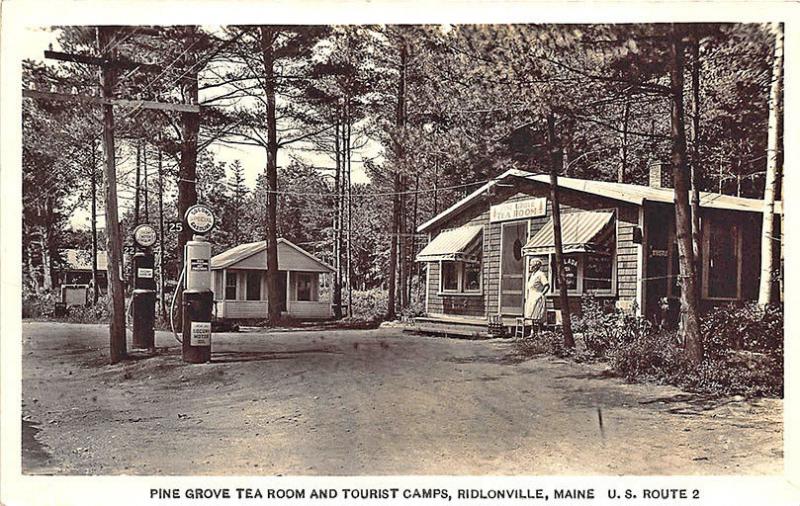 Ridlonville ME Socony Gas Station Pumps Tea Room Tourist Camps RPPC Postcard