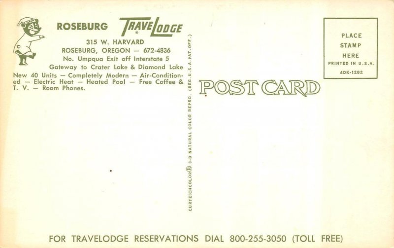 Roseburg, OR Oregon  TRAVELODGE MOTEL~Sleepy Bear ROADSIDE Douglas Co Postcard