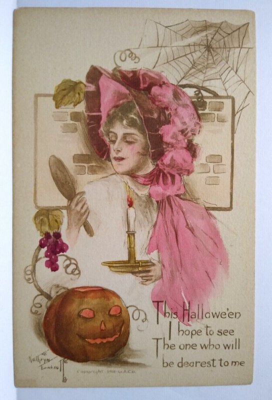 Halloween Postcard Kathryn Elliott Hand Tinted Gibson Mirror JOL Candle 1911 