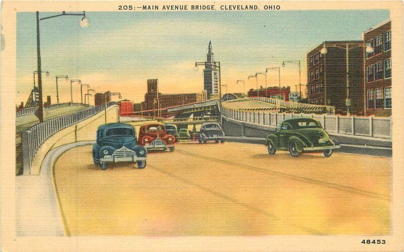 Ohio Cleveland Main Avenue Bridge Automobiles Klein 1940s Postcard 22-9103