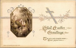 Vintage John Winsch Silver Cross, Church, Landscape, Religious Easter Postcard