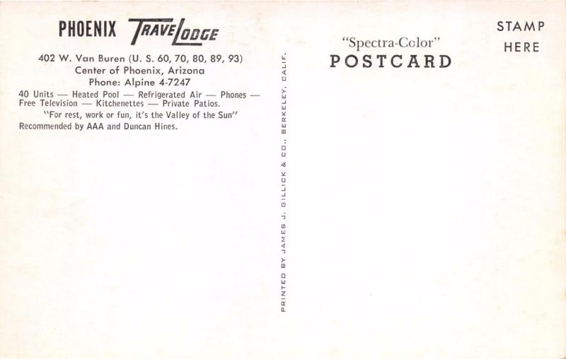 PHOENIX ARIZONA TRAVELODGE 402 VAN BUREN SPECTRA-COLOR POSTCARD 1950s NICE CARS