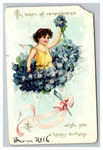 Vintage 1910's Tuck's Birthday Postcard Cute Angel Purple Bouquet of Flowers