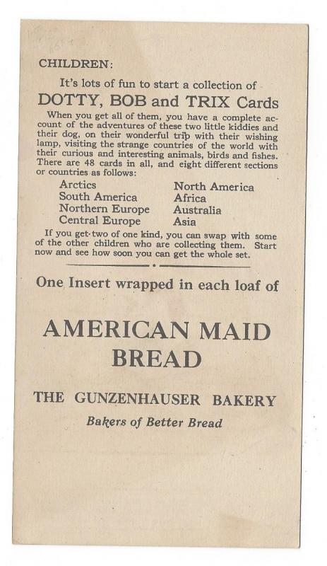 Gunzenhauser Bakery American Maid Bread Dotty Bob Trade Card