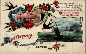 c1910 BIRTHDAY GREETINGS ACROSS THE SEA BOATS BIRDS FLOWERS POEM POSTCARD 26-277