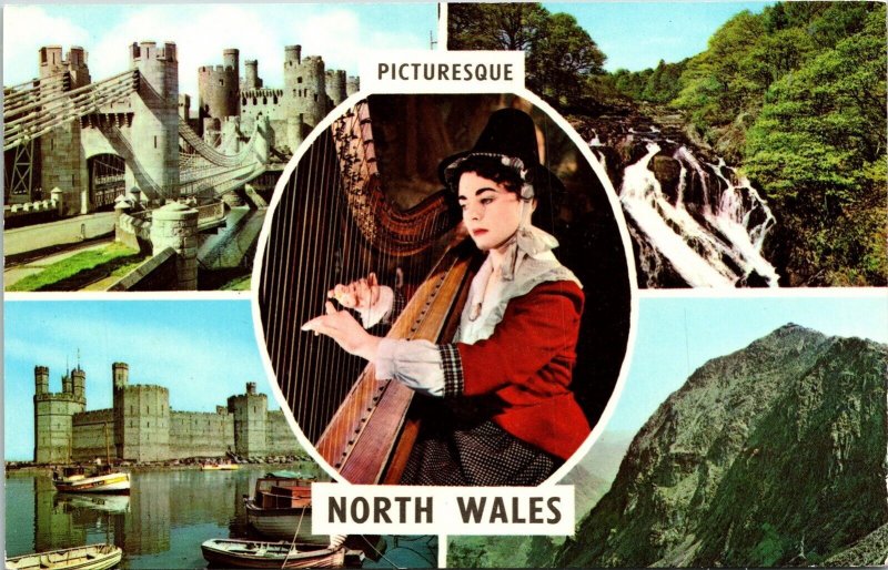 North Wales United Kingdom Picturesque Multi View Castles Boats Chrome Postcard