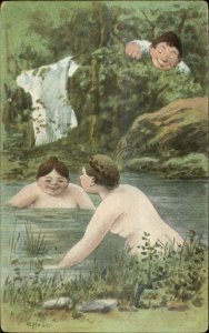 Huber - Women Skinny Dipping Nude Swimming Pervert Peeping Postcard
