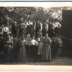 c1900s Outdoor Group Photo RPPC Men Gentlemen Women Boys Hayrack Real Photo A171