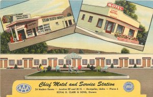 1940s Montpelier Idaho Chief Motel Service Station Gas Pumps Postcard 25-9297