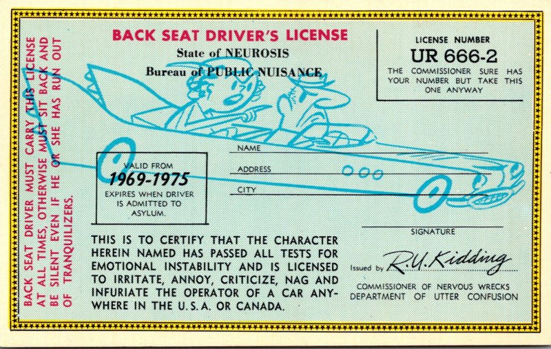 Humour Back Seat Driver's License No UR 666-2