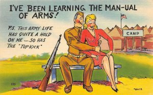 Military Comic  LEARNING THE MAN-UAL OF ARMS Pretty Blonde Girl ca1940s Postcard