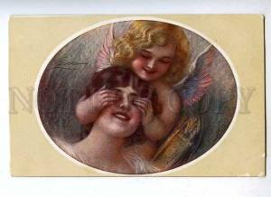 182437 Nymph & CUPID Angel By GUERZONI vintage ART NOUVEAU PC
