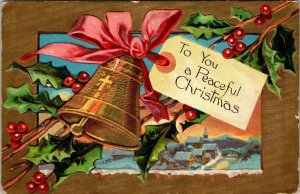 Gold Bell Cross Holly Village Peaceful Christmas Postcard X-Mas Bells Series