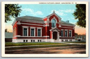 Burlington Vermont~Carnegie-Fletcher Library Street View~American Art~Postcard