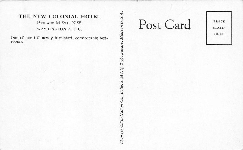 Washington DC 1940s Postcard New Colonial Hotel Room View