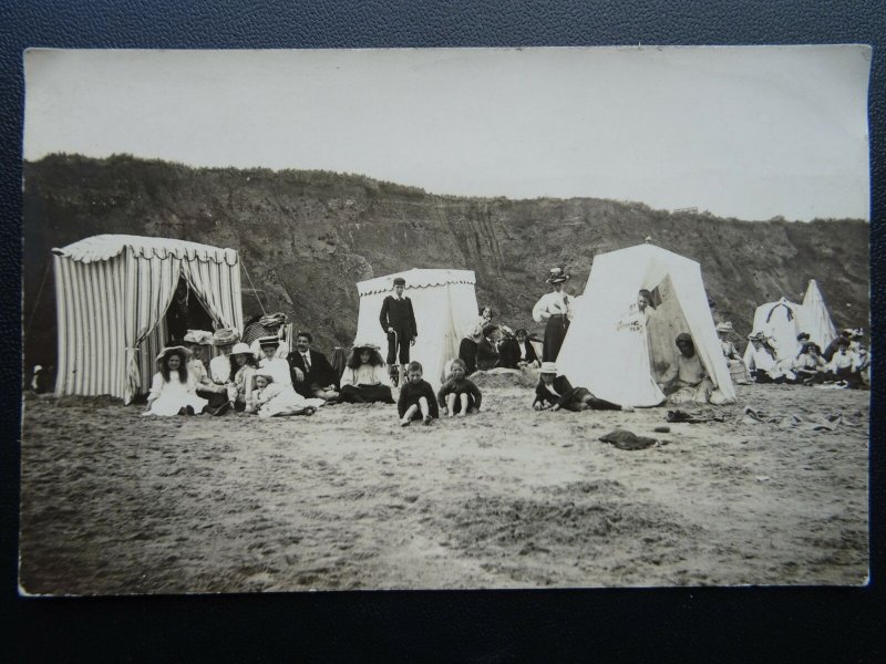 HORNSEA BEACH SCENE Children Families & Bathing Tents c1905 RP Postcard Overton