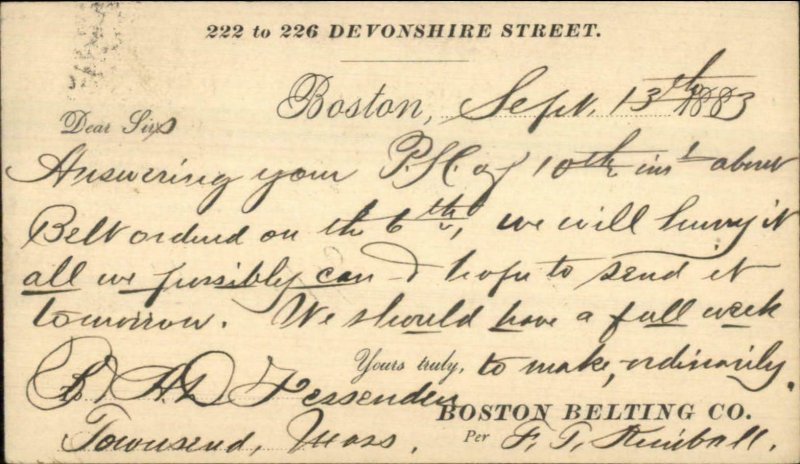 Boston MA Belting Co Devonshire Street 1883 Postal Card