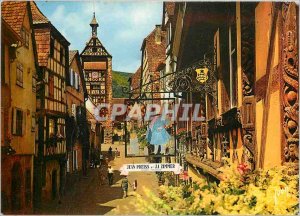 Modern Postcard Riquewihr Haut Rhin Main Street Old house with wood carving W...