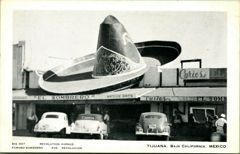 Tijuana Mexico El Sombrero Exaggeration Hat UNP Vtg Postcard Roadside Attraction