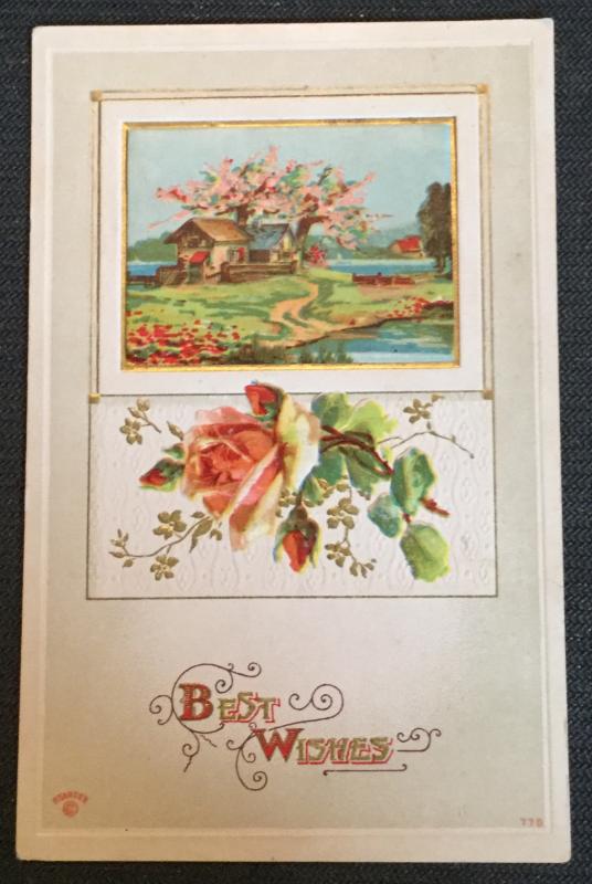 Postcard Unused w/Writing on back “Best Wishes” Embossed Flowers/House LB