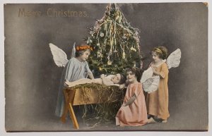 Christmas Greetings Children Angels Baby Jesus At Decorated Tree Postcard S26