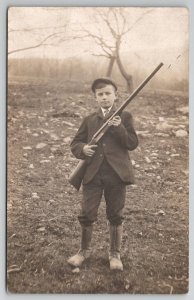 RPPC Young Boy with Rifle c1907 Real Photo Postcard E22