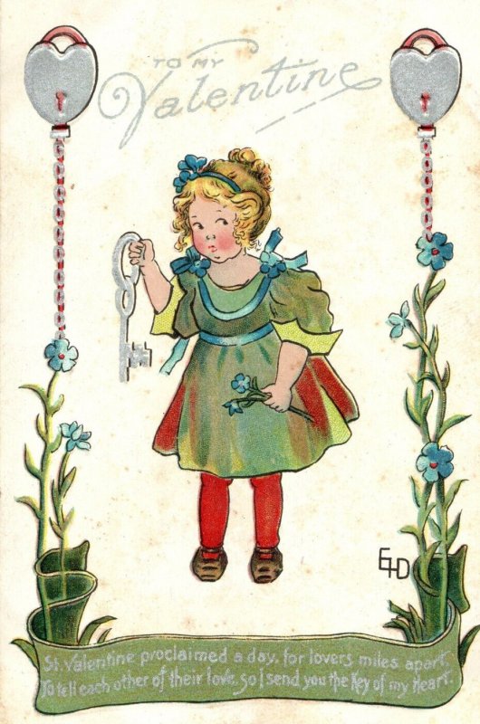 C. 1910 Girl St Paddle Locks Key To Heart Valentine Vintage Postcard P98