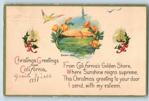 Fresno CA Postcard Christmas Greetings From California Golden Gate Flowers 1921