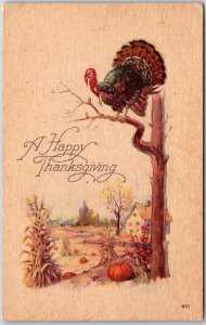 A Happy Thanksgiving Turkey On Branch Of Tree Greetings Postcard