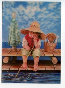 484298 fishing boy fisherman with a fishing rod lenticular 3D postcard