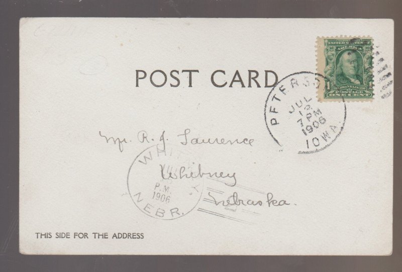 Peterson IOWA RPPC 1906 TRAIN UNDER STEAM Railroad nr Cherokee Sioux Rapids IA