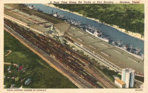 Vintage Postcard A Busy Time Along The Docks Ship Channel At Port Houston Texas